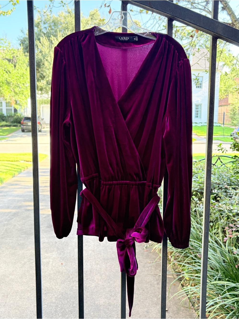 Lauren Ralph Lauren SZ 1X Velvet Surplice Wrap Top Belted Blouse Berry Purple